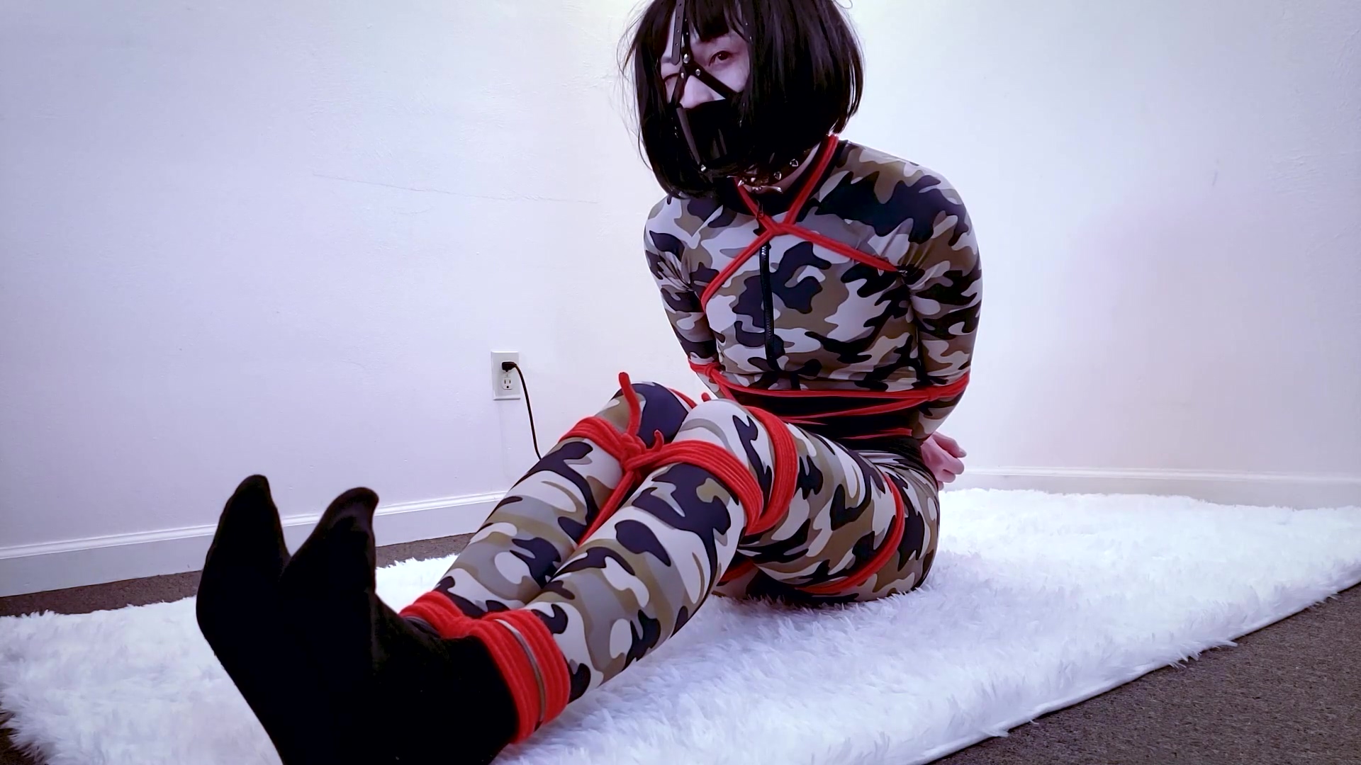 Cd Selfbondage In Camo Bodysuit Securely Gagged With Panties